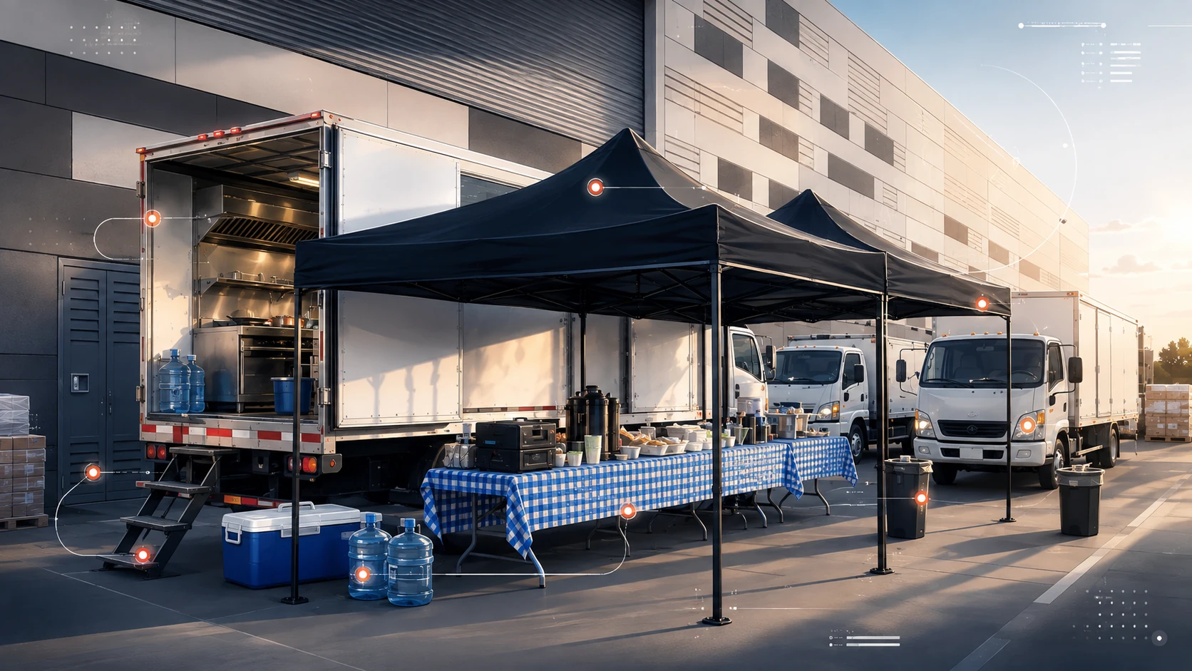 Unidad de cocina abierta y en servicio, dos coberturas montadas sobre la línea de servicio y camiones de apoyo, en el patio de una instalación industrial
