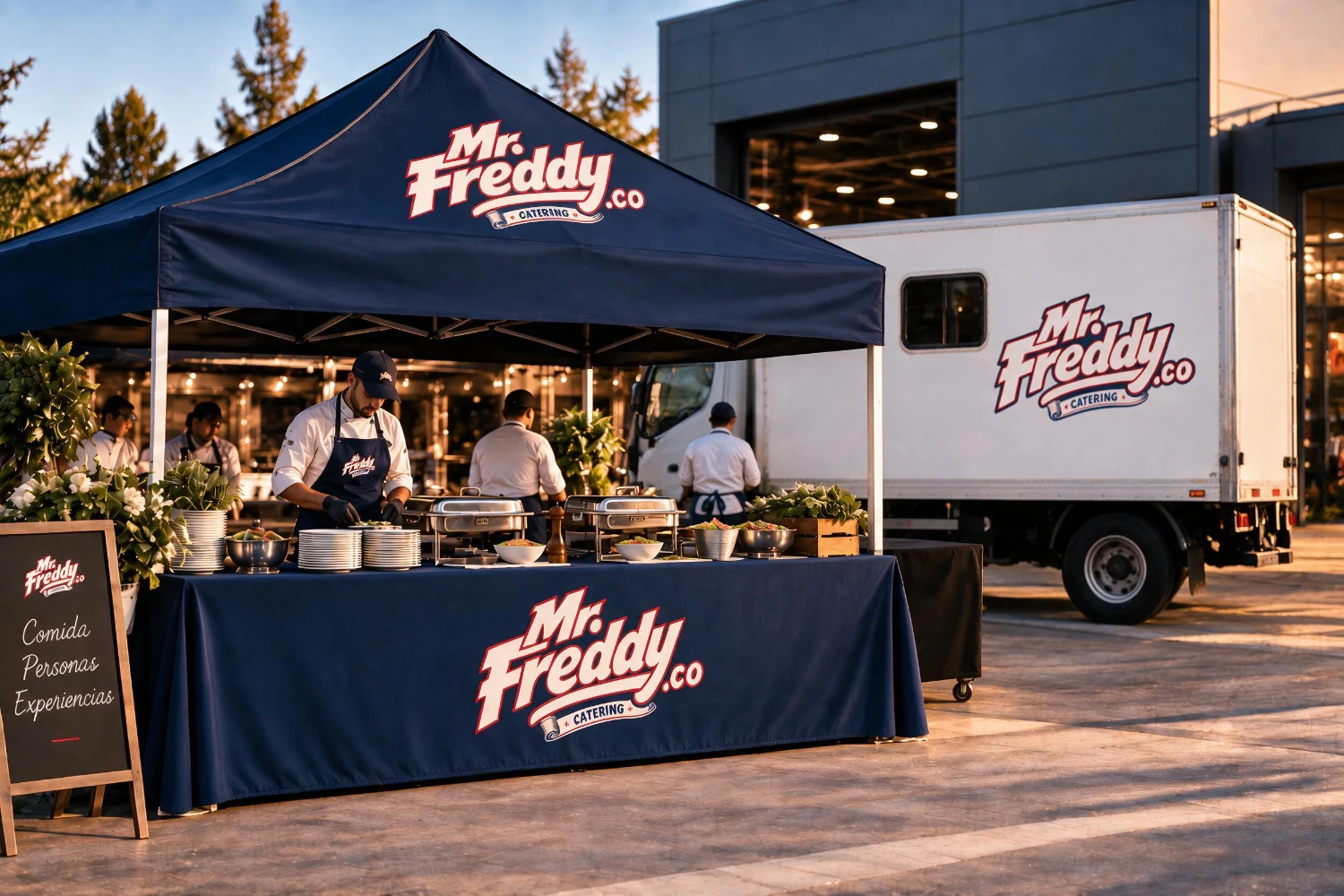 Montaje MR FREDDY con carpa, línea de servicio y camión rotulados en una locación